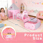 Pink Kids Tent with Tunnel & Ball Pit, Princess Play Tent for Girls, Indoor Outdoor Baby Ball Pit Playhouse with Basketball Hoop