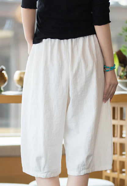 Johnature Women Solid Color Linen Casual Shorts 2025 Summer New Elastic Waist Striped Shorts