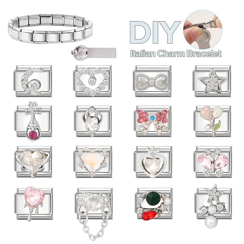 Zircon Pearl Heart Bow Candy Flower Butterfly Italian Charm Links Fit 9mm Stainless Steel Bracelet Personalized DIY Making Gifts