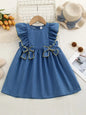 Girls Sweet Dresses Summer  Thin Denim Bow Decoration Flying Sleeve Dress Cute Kids Clothes