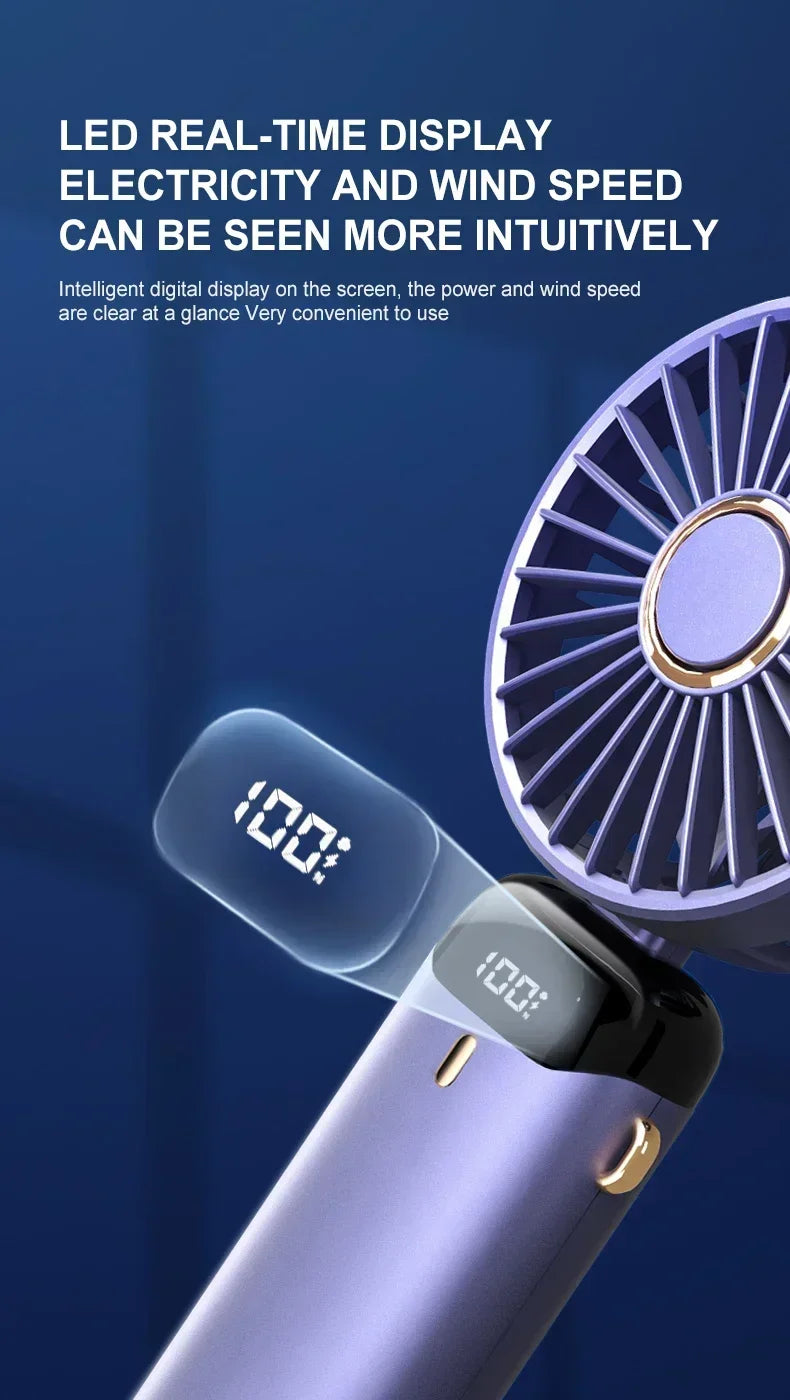 Mini Portable Handheld Fan Foldable Neck Hanging Fans 5 Speed USB Rechargeable Fan with Phone Stand and Display Screen 1800mAh