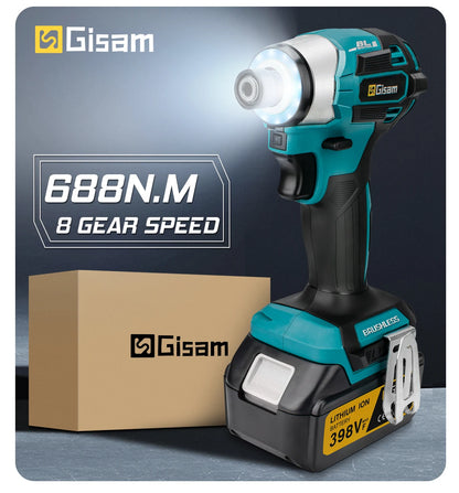 Gisam Cordless Electric Impact Screwdriver 688NM Power Tool Rechargeable Brushless Wrench Driver Kit for Makita 18V Battery Pins