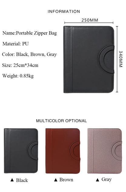 PU leather A4 zipper calculator binder conference file pad folder briefcase tablet portable circular handle file bag