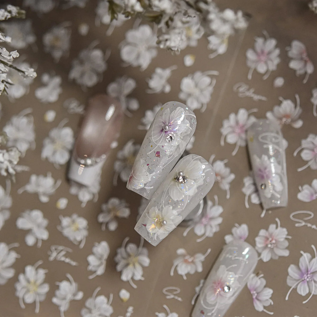 White Flower Petal Cherry Blossom Peach Blossom Falling Petal Floral Gradient 5D Self Adhesive Nail Art Sticker Manicure Decals