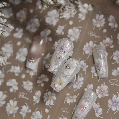 White Flower Petal Cherry Blossom Peach Blossom Falling Petal Floral Gradient 5D Self Adhesive Nail Art Sticker Manicure Decals