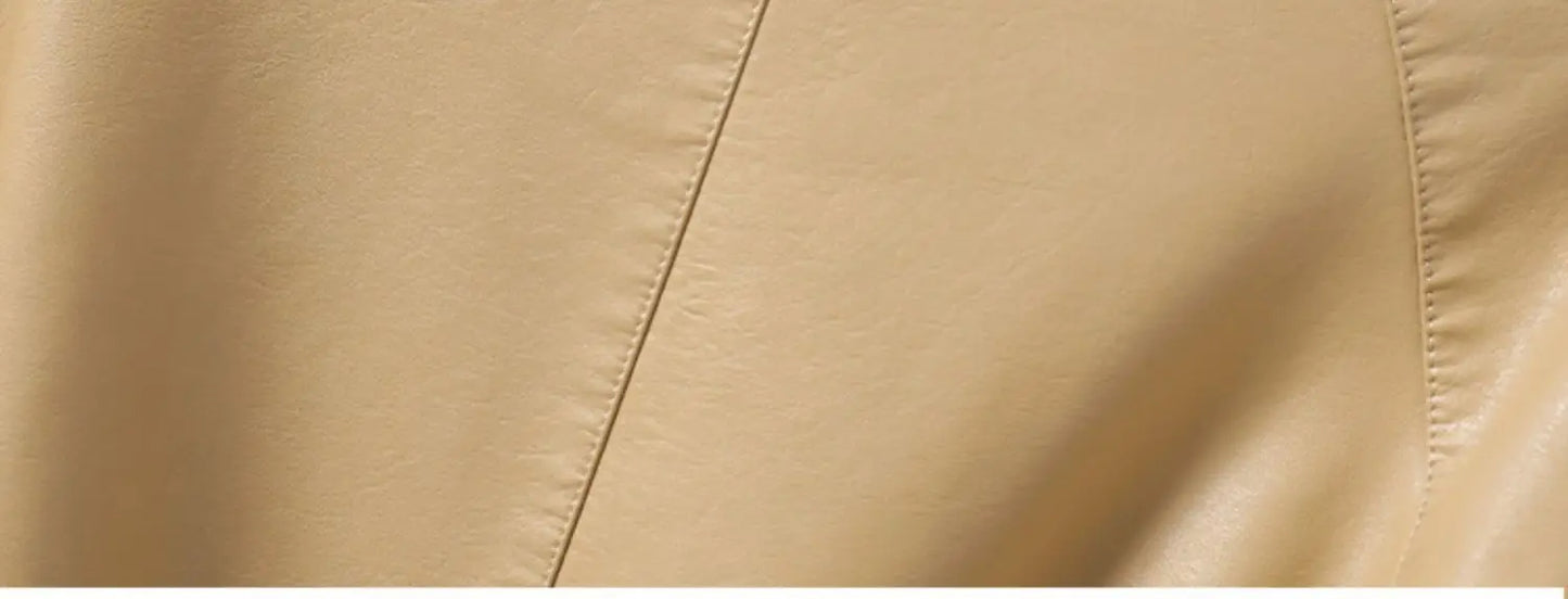 M-4XL Women's Sheepskin Coat Fashion Khaki Zipper Elastic Waist Female Long Sleeve Casual Loose Split Leather Jackets 2024 New