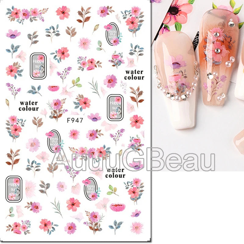 3d Nails Art Decals Spring Fruits Pink Full Tips Peony Magnolia Flowers Adhesive Sliders Stickers Decoration For Nails Manicure
