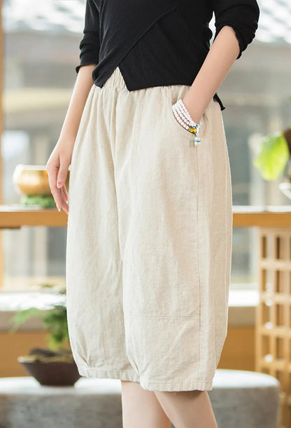Johnature Women Solid Color Linen Casual Shorts 2025 Summer New Elastic Waist Striped Shorts