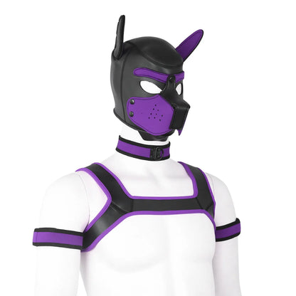 Large Size Puppy Cosplay Neoprene Fetish Hood Mask Kit with Chest Strap Collar Armband Sex Costumes for Bdsm Slave Role Play