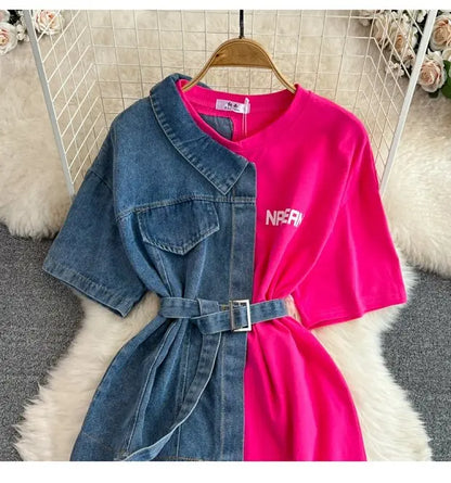 Retro Hong Kong Sle Chic Casual Mid-Length round Ne Patchwork Color Denim irt with Belt Spring New Women's Faion Top