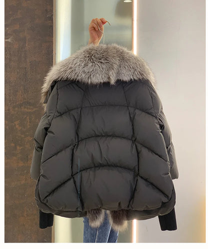 Oversized Winter Warm Real Fox Fur Collar Black Down Coat Women Puffer Outerwear Jackets 2024 Autumn Winter