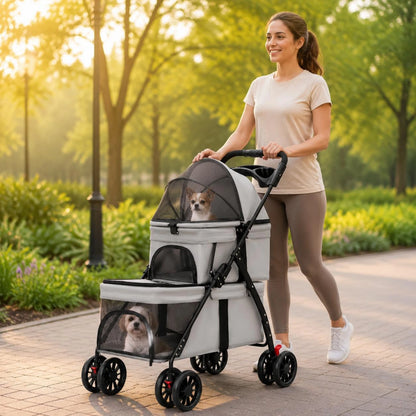 Double-Deck Pet Stroller Lockable Wheels Small Dog Feline Stroller Pet Transport Storage Pockets Removable Liner for Outdoor