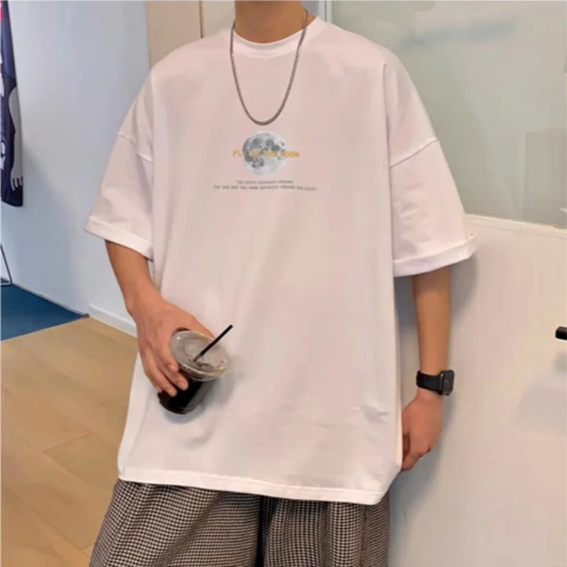 30kg To 120kg Korean Style Lazy Feeling Wearing Moon Pattern T-shirt Daily Basic Top Casual Versatile Shirt