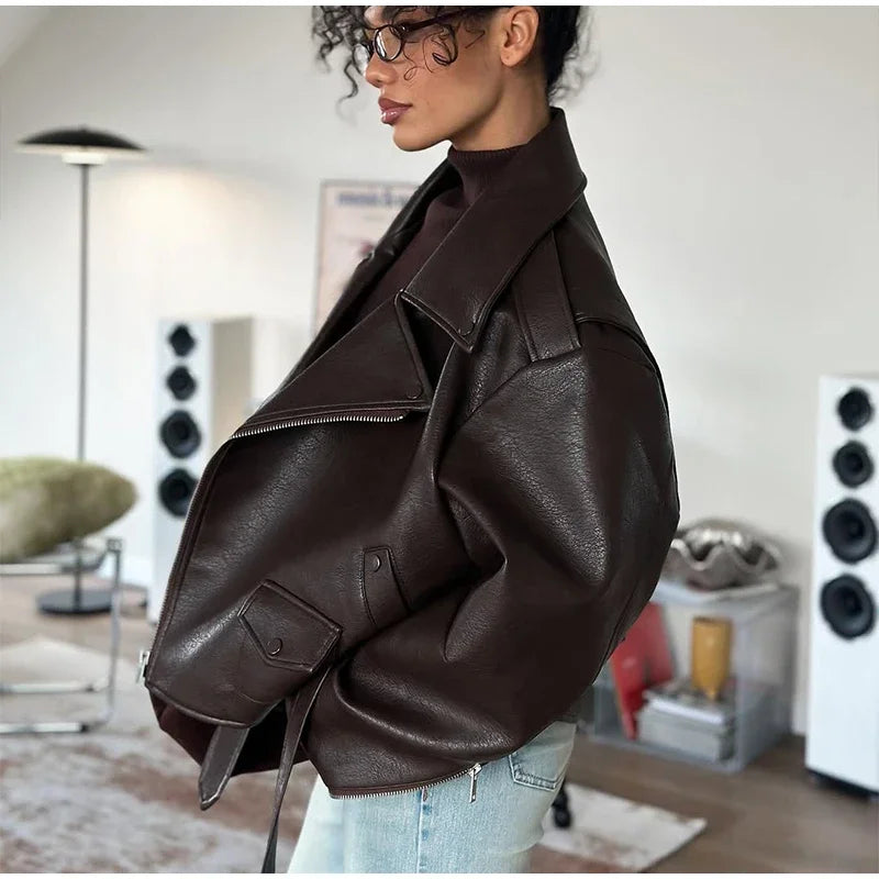 Retro Brown Lace Up Lapel Leather Jacket Women Fashion Zipper Pocket Full Sleeve Short Coat 2025 New Autumn High Street Outwears