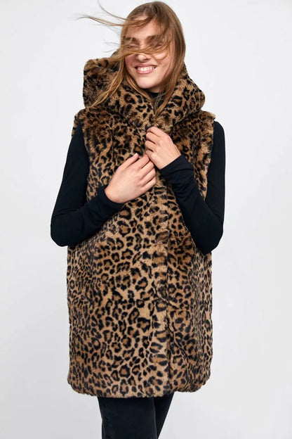 Leopard Hooded Faux Fur Vest Women 2022 New Designed Body Warmer Ladies Luxury Winter Furry Artificial Rabbit Coats Outwear 5XL