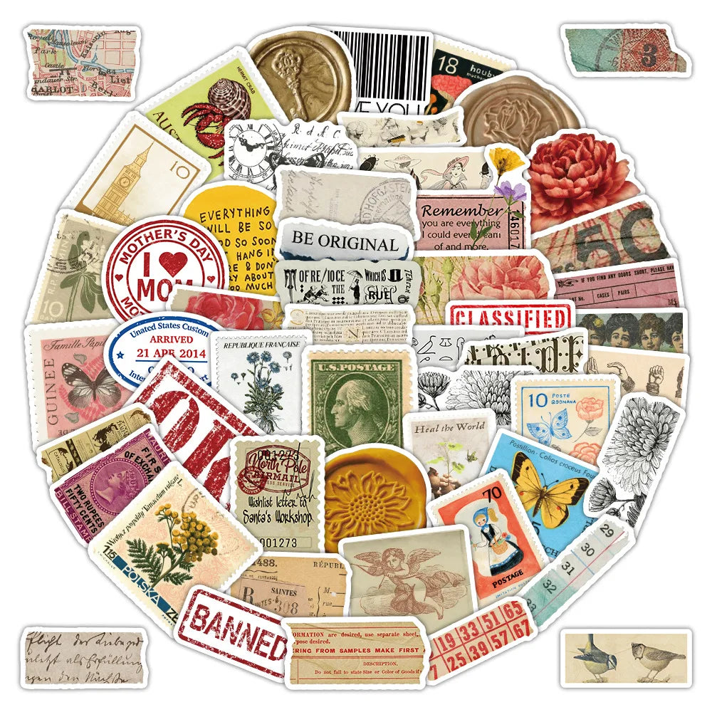 62PCS Retro American Stamp Stickers Aesthetic Style Graffiti Mobile Phone Case Notebook Water Cup Skateboard Waterproof Toy Gift