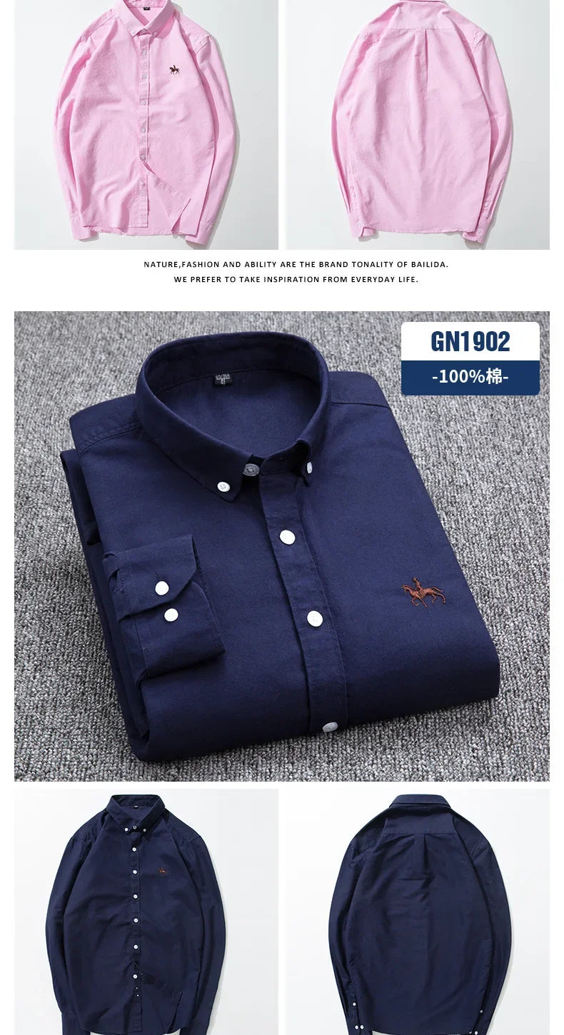 Casual cotton men's shirt slim fit horse logo bottom inch shirt Oxford spinning long sleeved striped shirt