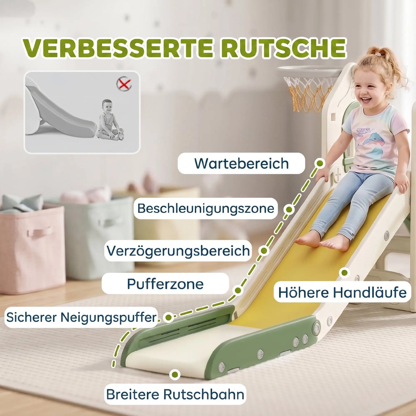 Foldable 4-in-1 Toddler Slide with Climbing Elements, Basketball Stand, Storage Space and Basketball for Kids 1-3 Years Old, Cream White, Kids Toy Slide, Kids Slide, Outdoor Toy Slide