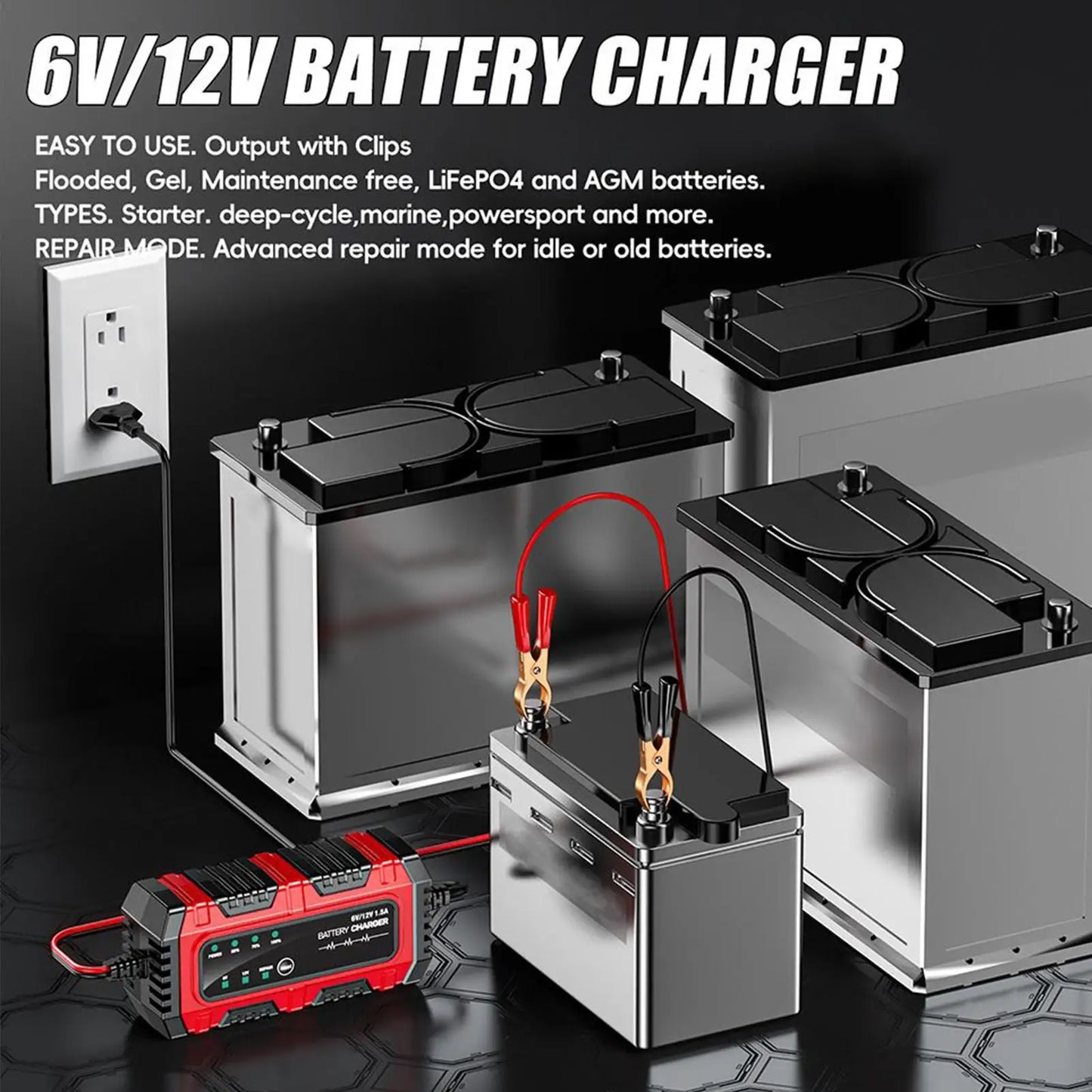 Motorcycle Battery Charger 6V/12V Auto Charging Maintainer Trickle Charger for Car Battery for Boat RV Truck Lawn Mower Golf