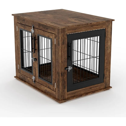 Garvee Wooden Dog Crate Furniture 80×60×66cm, Rustic Brown Pet Kennel with Openable Top and Double Lockable Doors, Bite Resistant Escape Proof Indoor Dog House Side Table