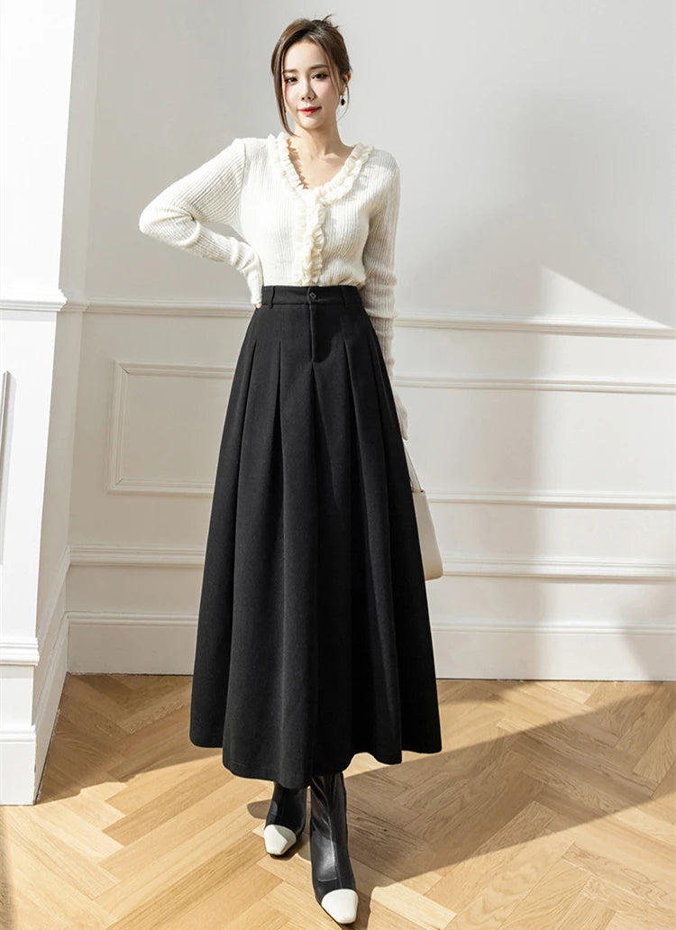 Vintage Winter Woolen Long Skirts For Women Streetwear High Waist Pleated Maxi Skirt Big Swing Folds A-Line Jupe Longues Femme
