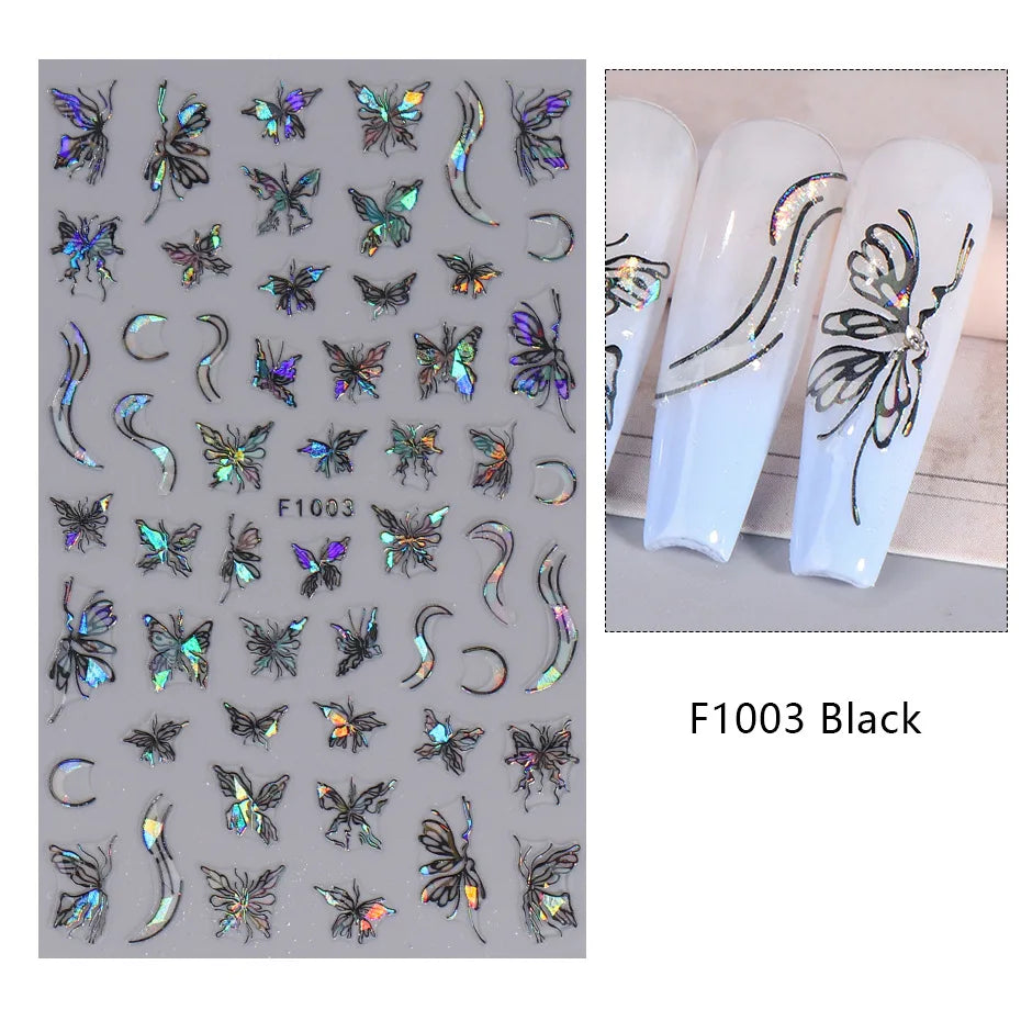 Black and White Love Flowers Line Art 3D Stickers Nail Decals Nail Art Accessories Butterfly Rose Nail Stickers Nail Sliders