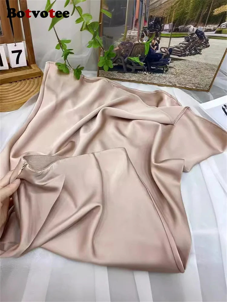 Botvotee Elegant Satin Long Skirt for Women Spring Summer 2025 Office Ladies Korean Style Loose Elastic Band Midi Skirts