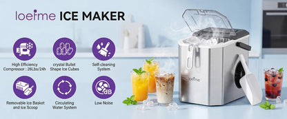 LOEFME Portable Bullet Ice Maker 12KG/24H Countertop Ice Machine 9 Cubes in 6 Min Auto Clean 2 Ice Sizes with Handle