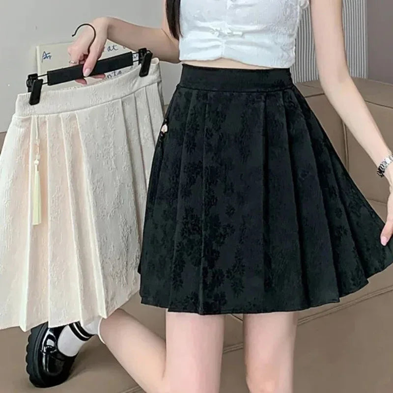 2025 Summer Female Plus Size Elastic Waist Skirts Women High Waisted Pleated Short Dress Lady Chic Designer Solid Printed Skirts
