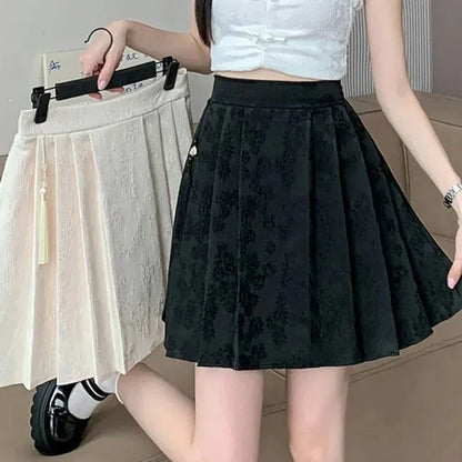 2025 Summer Female Plus Size Elastic Waist Skirts Women High Waisted Pleated Short Dress Lady Chic Designer Solid Printed Skirts