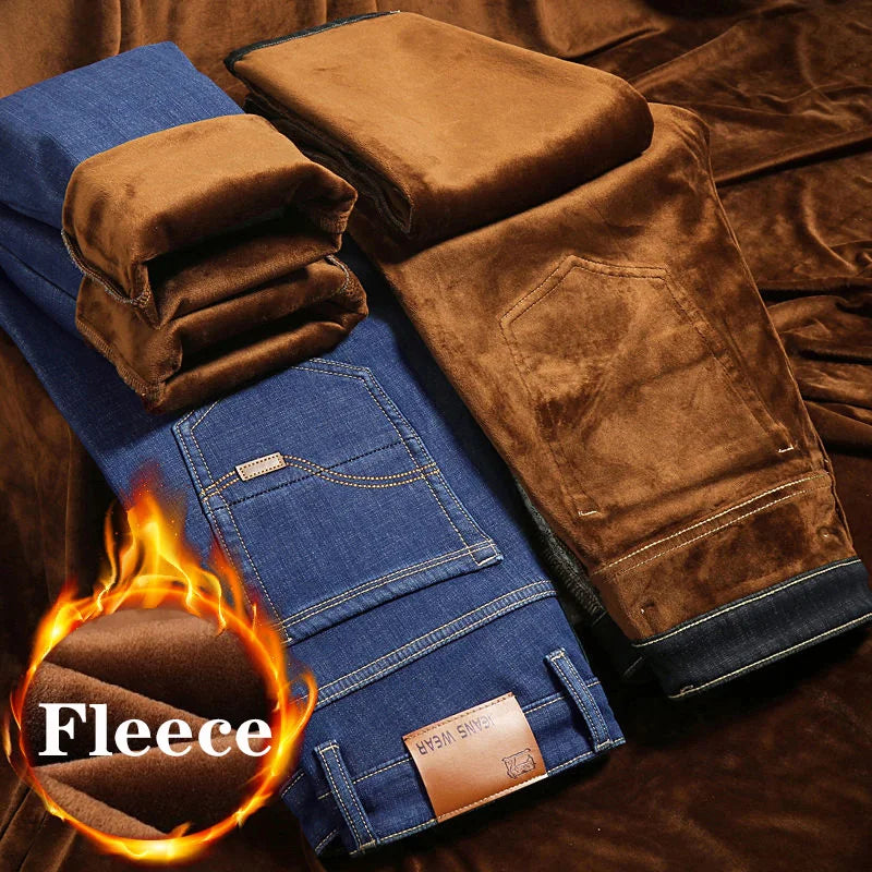 Brand Autumn Winter Warm Flocking Denim Soft Man Activities Fleece Line Men Jeans Black Blue Grey Colors