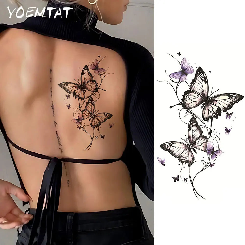 Waterproof Temporary Tattoo Sticker  Butterfly Flower Line Pattern Body Art Arm Fake Tattoos Sleeve For Women Men Hands Shoulder