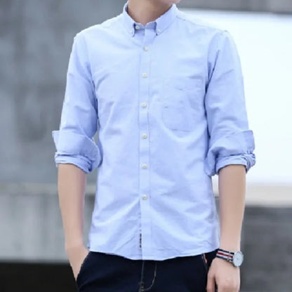 Classic Fit Cotton Full Casual Shirts for Men Solid Color Long-Sleeve Plain Shirt Single Pocket Top Soft Slim Fit Formal Clothes