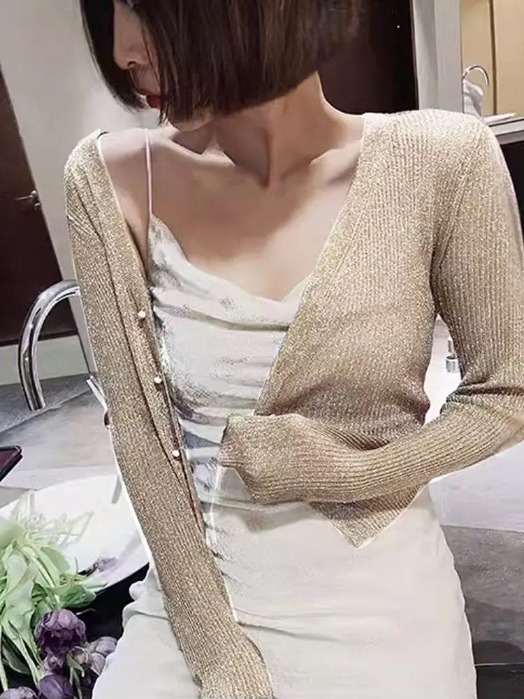 Women Shiny Gold Thread Spring Summer Ice Silk Knitted Cardigan Ribbed Pearl Button Sun Protection Top V-neck Ice Silk Knitwear