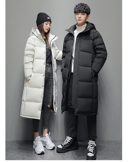 FGKKS 2025 Couple Winter Down Jacket Fashion Classic Slim Korean Style White Duck Down Men's Long Coat Women Hooded Outwear