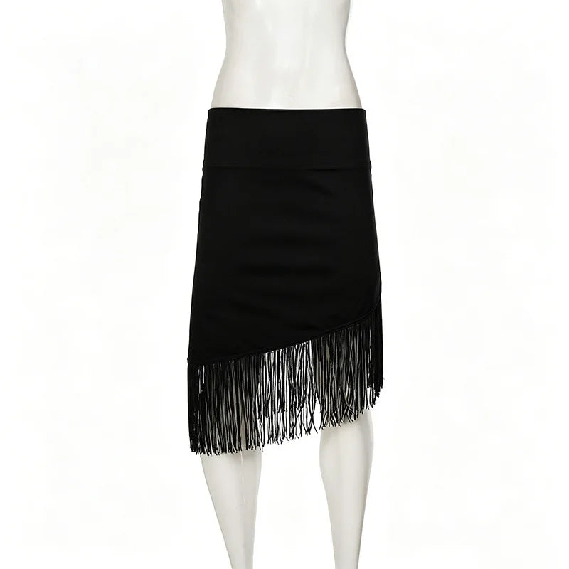 European American Low Rise Elegant One Piece Tassel Skirt Knitted Irregular Strap Wrapped Mid Length Skirt