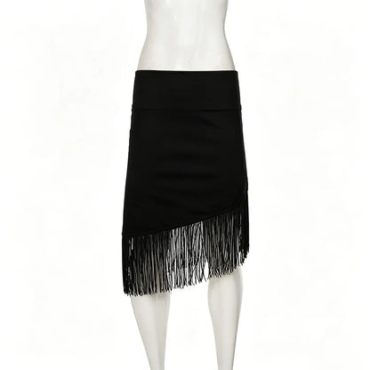 European American Low Rise Elegant One Piece Tassel Skirt Knitted Irregular Strap Wrapped Mid Length Skirt