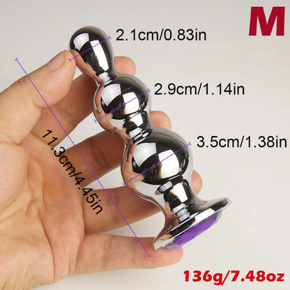Metal 3 Graduated Anal Beads Sex Toys Butt Plugs,Expand Sphincter,Hit Prostate,Analplug Buttplug With Crystal Base
