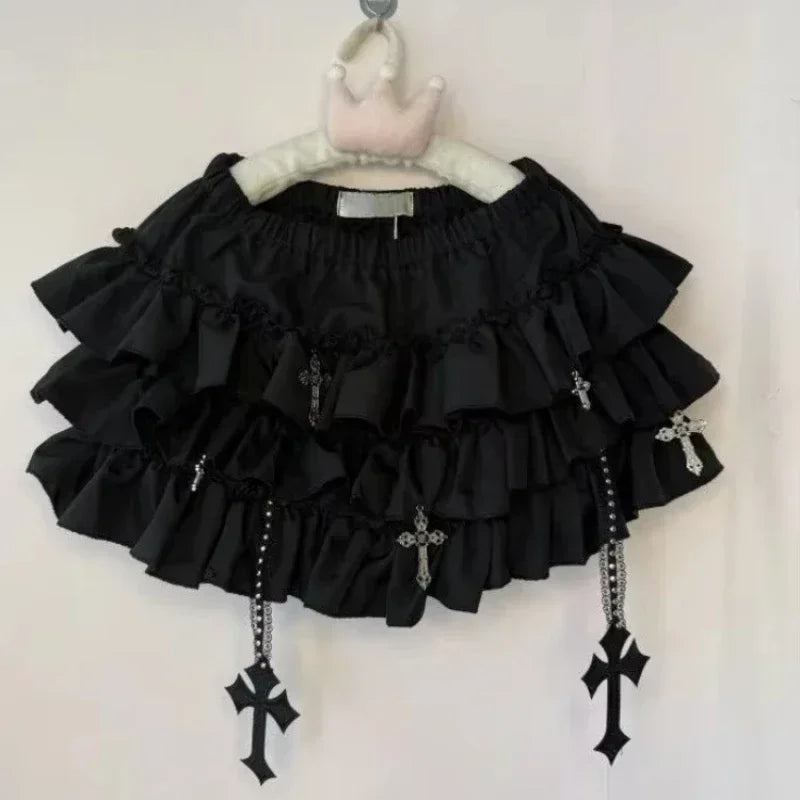 Y2k Gothic Elastic Waist Cross Short Skirt Women Sweet Hot Girl Chic High Waist Ruffle Skirts Female Design Retro Cake Skirt New