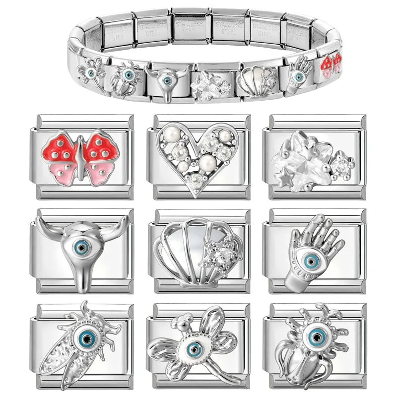 Wholeasle Shiny Zircon Shell Love Heart Devil Eyes Italian Charm Links Fit 9mm Stainless Steel Bracelet Women Jewelry DIY Making