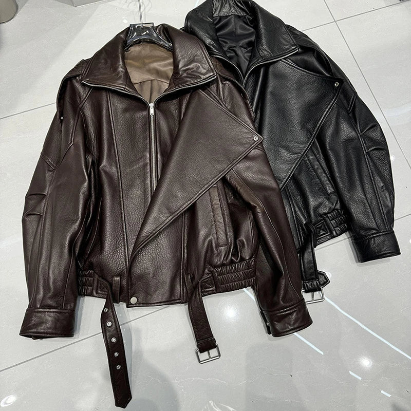 New Outerwear Leather Jacket Women American Retro Top Sheepskin Bubble Leather Double Lapel Loose Profile Coffee Locomotive Coat