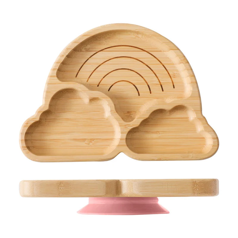 Baby Wooden Tableware Set Wooden Handle Fork Spoon Could Bamboo Wooden Plate Bowl Silicone Suction for Children Feeding Supplies
