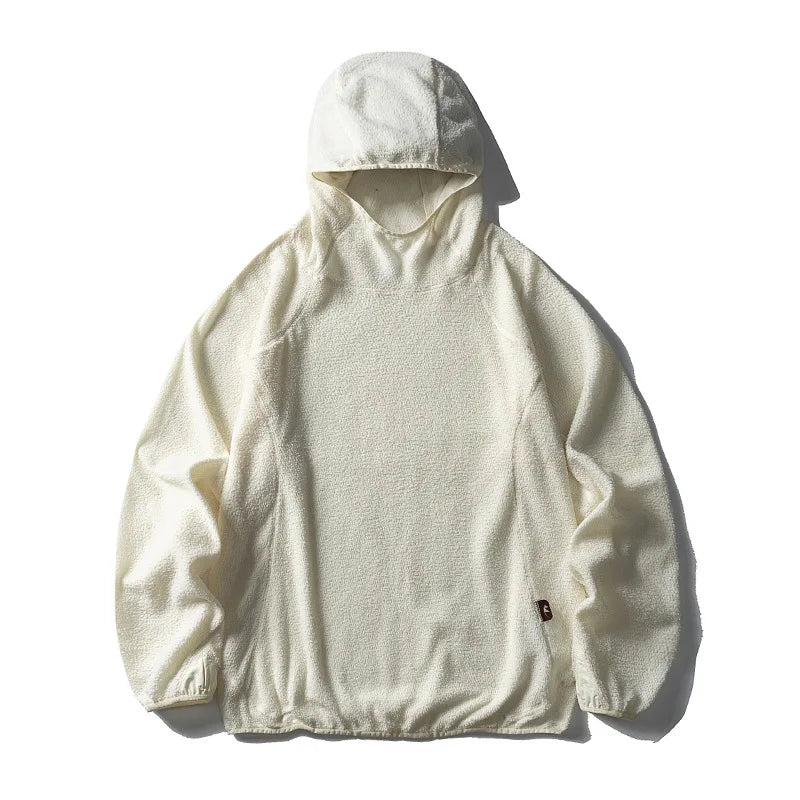 Unisex Lightweight Cloud Velvet Hooded Quick-Dry Shirt for Outdoor Sports: Classic Hood, Elastic Cuffs & Brand Logo Details