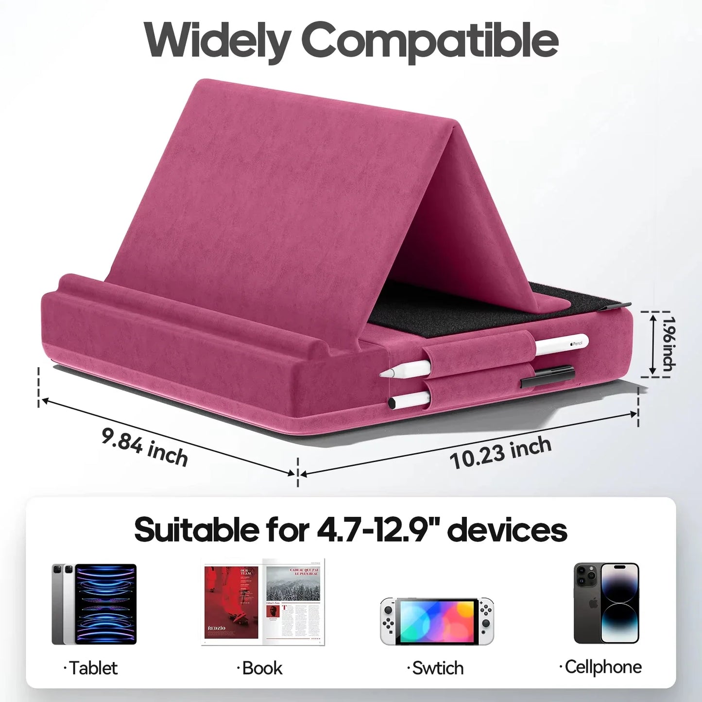 Upgraded Tablet Pillow Stand Multi-Angle Viewing Ipad Holder for Lap Bed and Desk Foldable Soft Pad Dock with Stylus Mount