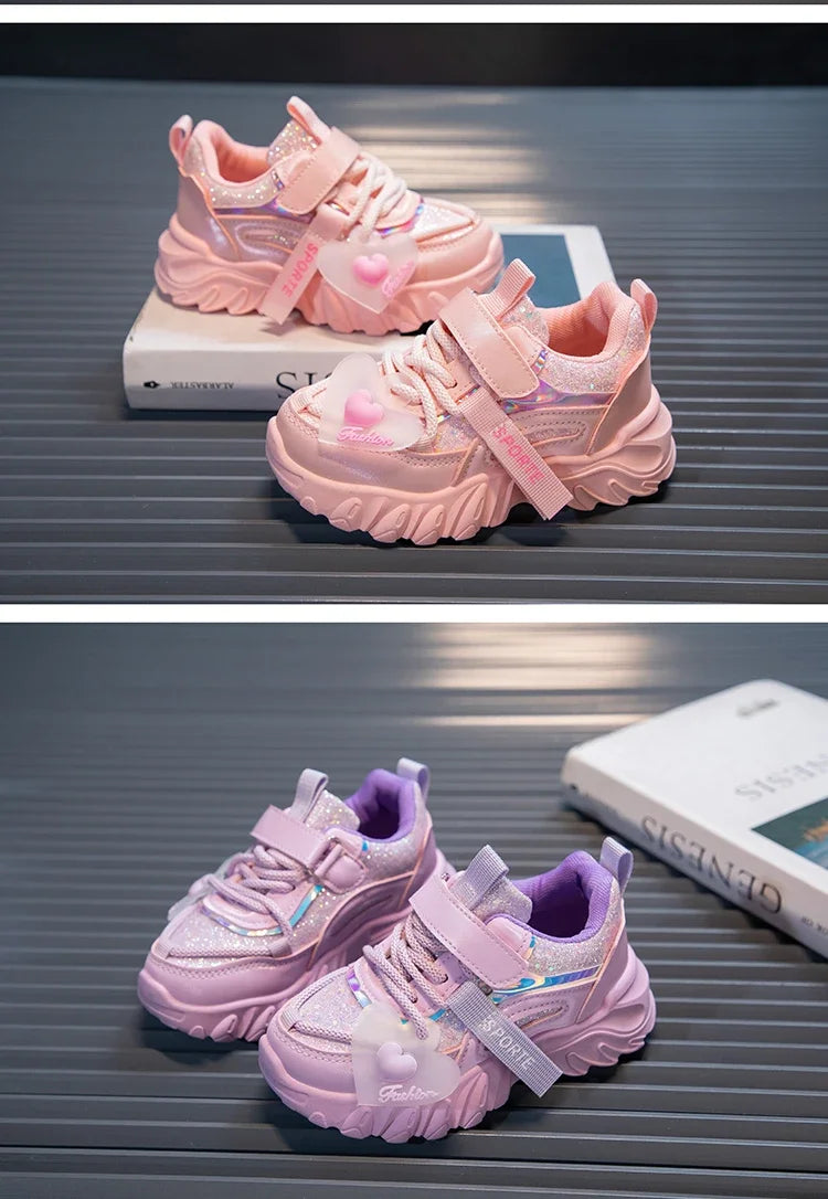 Girls Sports Shoes Kids Running Sneakers for School Fashion Cute Shiny Non-slip Children's Casual Shoes with Heart Spring Autumn