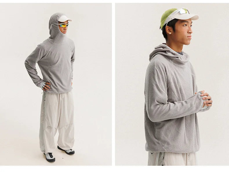 Unisex Lightweight Cloud Velvet Hooded Quick-Dry Shirt for Outdoor Sports: Classic Hood, Elastic Cuffs & Brand Logo Details