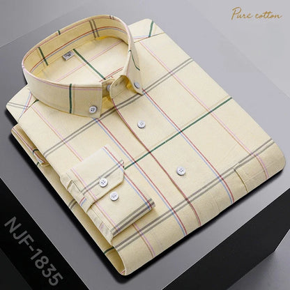 New In Shirt Oversize Long-Sleeve 100%Cotton Shirts for Men Slim Fit Formal Plain Shirt Plaid Casual Tops Designer Black Clothes