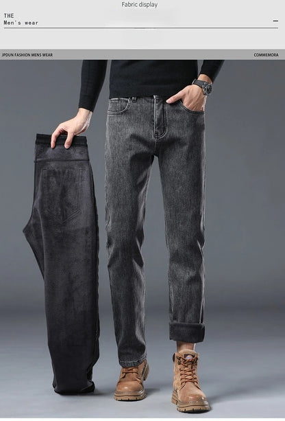 Men's Winter Stretch Fleece Jeans Thickened Warm Loose Straight Velvet Denim Trousers Classic Business Casual Black Work Pants