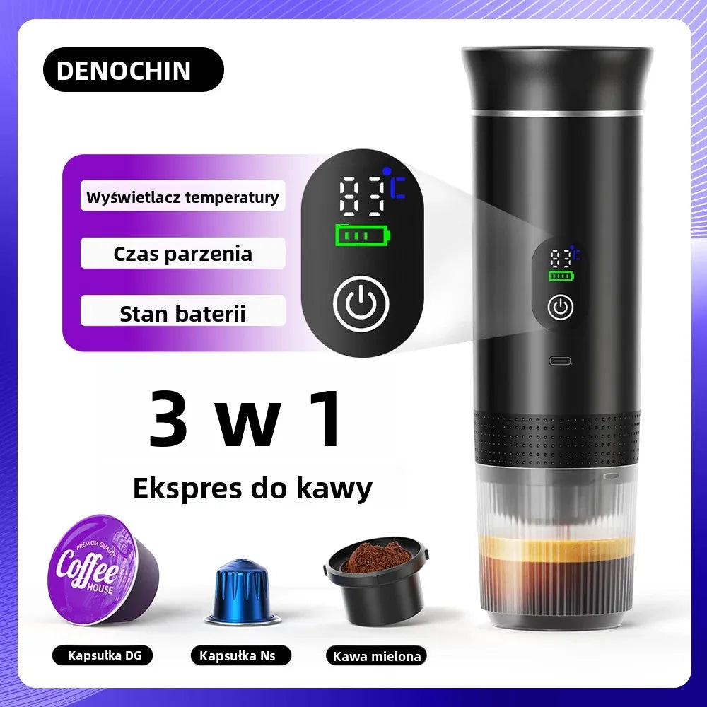 DENOKIN Portable Espresso Coffee Machine With Digital Display 3-in-1 Capsule Coffee Maker for Car & Home Camping Coffee Maker