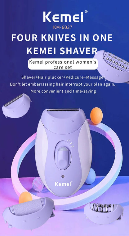 Kemei 4in1 Women Epilator Electric Shaver Facial Body Hair Removal Lady Leg Bikini Trimmer Hair Remover Underarms Rechargeable